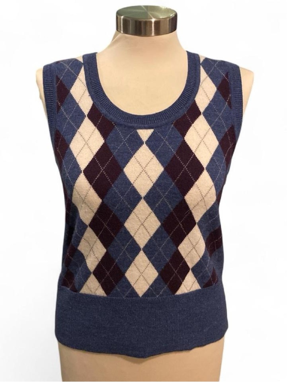 Marina Luna Blue and Cream Argyle Merino Wool Sleeveless Sweater Vest